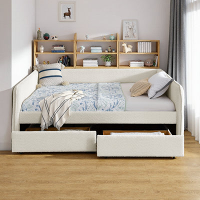 Queen Size Daybed with Trundle: Upholstered Tufted Sofa Bed, Storage Drawers, Boucle Fabric, Beige (88"x65.5"x29.5") by Latitude Run