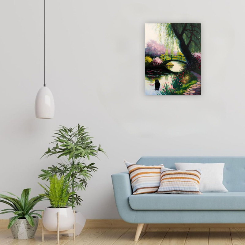 «Black Cat In The Lake Springtime Park», art mural sur toile de qualité supérieure 24 x 18 po