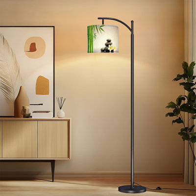 Arc Floor Lamp with Adjustable Lampshade Gray Green Zen Spa Green Bamboo Stalks Smooth Stacked Yoga Standing Lamp 3 Color Temperatures Dimmable Tall Pole Lamp with Foot Switch for Bedroom