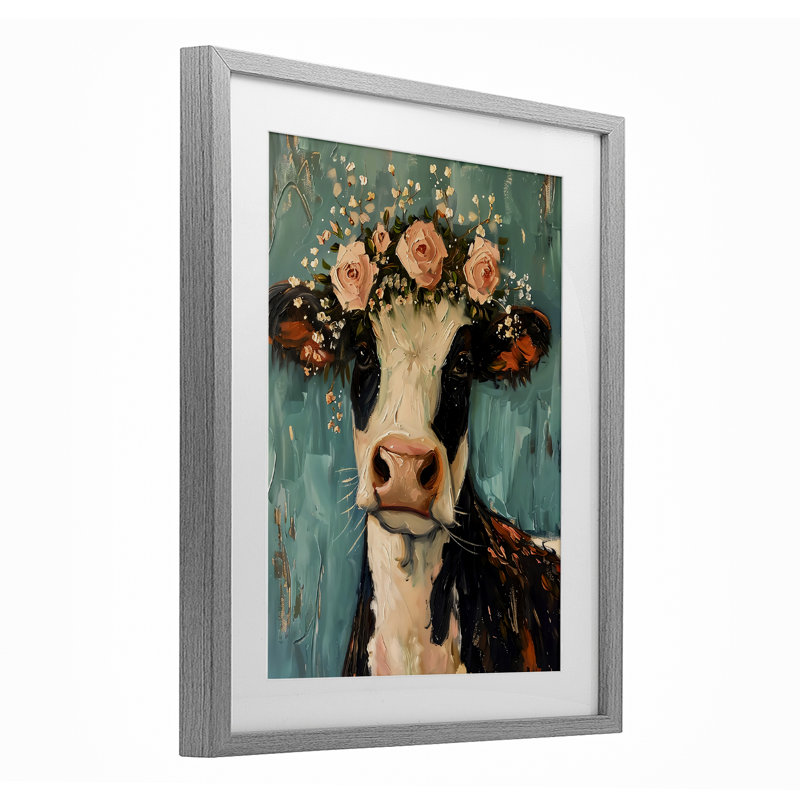 Jolie fleur de vache rose, reproduction encadrée sous verre, design par LSR Creative Studio, Cadre de ferme gris