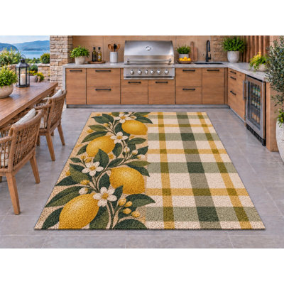 Tapis d'extérieur 5' x 7' à carreaux citron, épais, imperméable, en PVC bouclé, tapis de patio robuste, tapis intérieur/extérieur à séchage rapide pour cuisine, porche, terrasse, balcon, entrée.