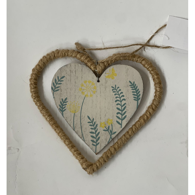 Wooden Heart With Floral Pattern In A Jute Frame Hanging Decoration