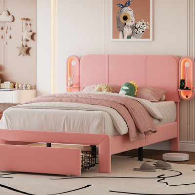  Twin Bed Frame With Storage Drawers And Side-shelf Upholstered Headboard, Velvet Bed Frame With Led Lights, Usb Port And Type-c Port, Pink
