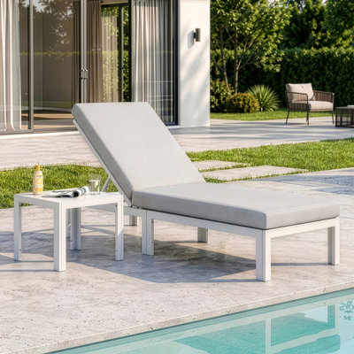 Chaise longue d'extérieur en aluminium avec table d'appoint, coussin de 4 po et dossier réglable à 6 positions, fauteuil inclinable résistant à la rouille