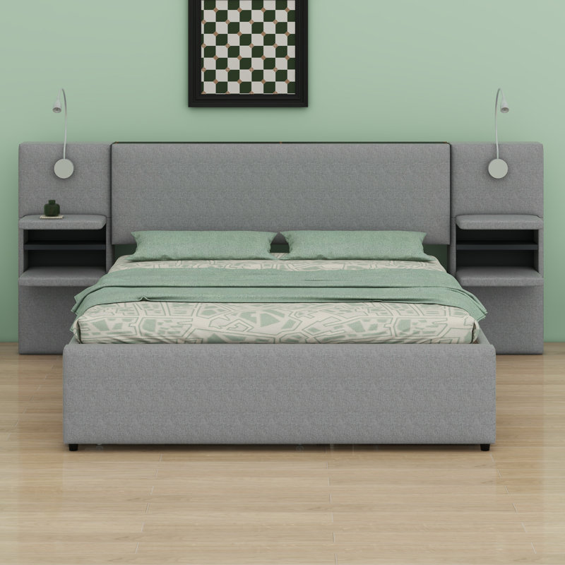 Lit plateforme tapissier avec lampes de lecture, Gris