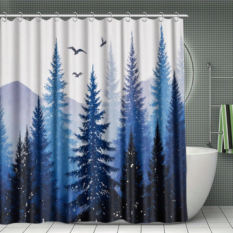 Rideaux de douche Misty Forest, Bleu / blanc arbres de forêt brumeux