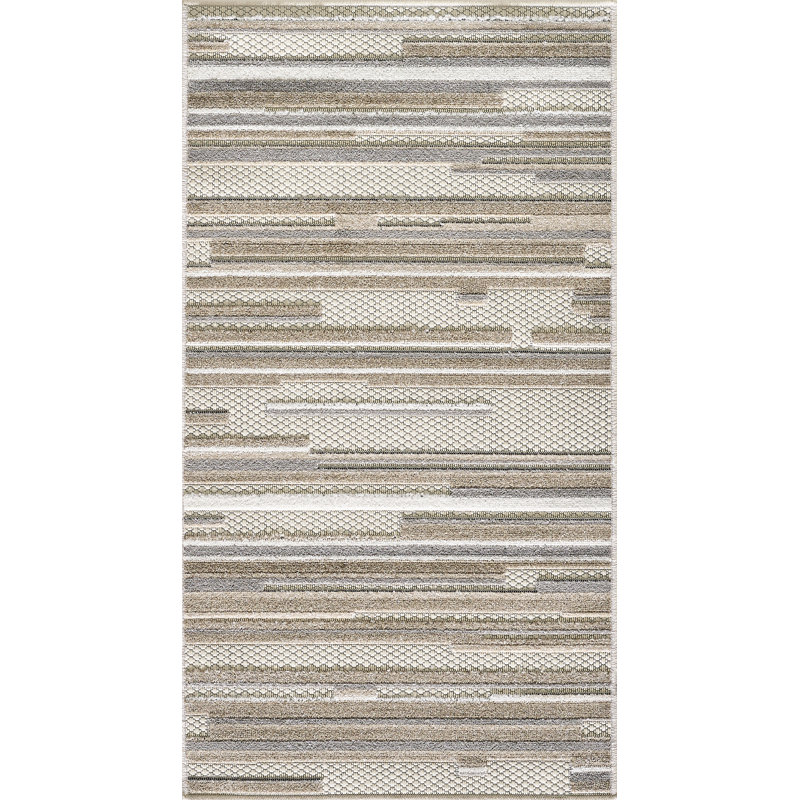 Tapis d'extérieur à rayures abstraites Gemmill, Rectangle 2 pi 2 po x 4 pi, Gris