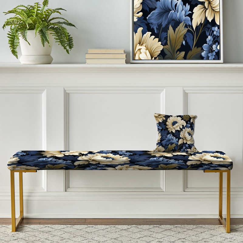 Banc rembourré or, Beige et bleu damassé nostalgie