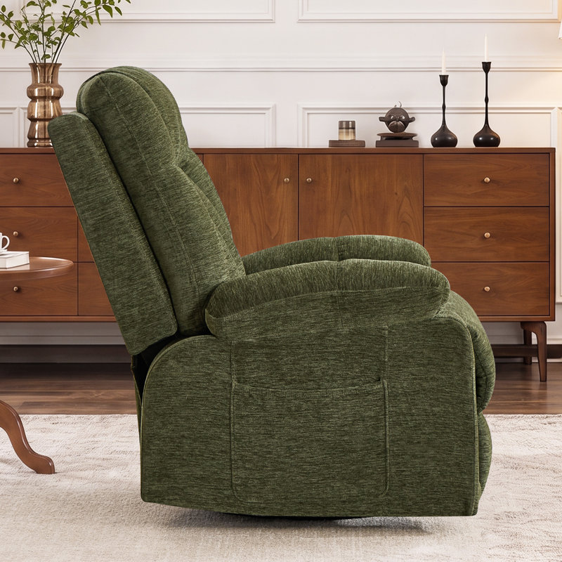 Fauteuil inclinable manuel pivotant en chenille vert olive moderne de 99 cm (39 po) de large, avec massage à 8 points et chauffage lombaire.