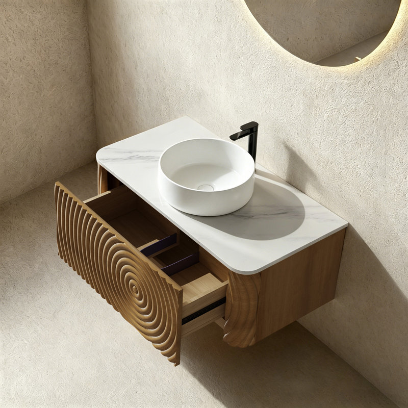 Ensemble de meuble-lavabo mural, lavabo de salle de bain flottant avec lavabo rond en céramique et armoire latérale, ensemble de meuble-lavabo texturé à ondulation d'eau pour les petits espaces, peu encombrant
