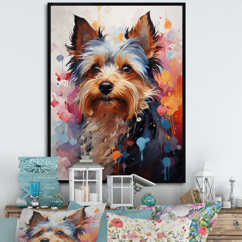 Doge Yorkie Reverie - reproduction sur toile, Cadre flottant noir, H 20 po x l 12 po x P 1 po