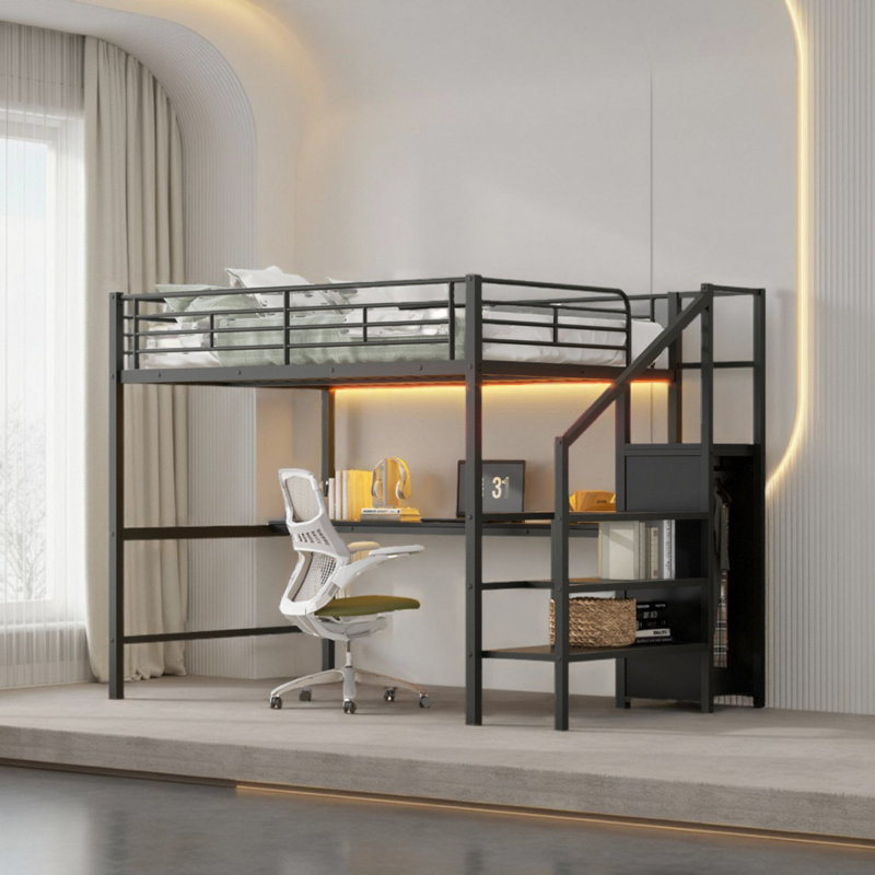 Lit mezzanine double en métal avec bureau et petite armoire