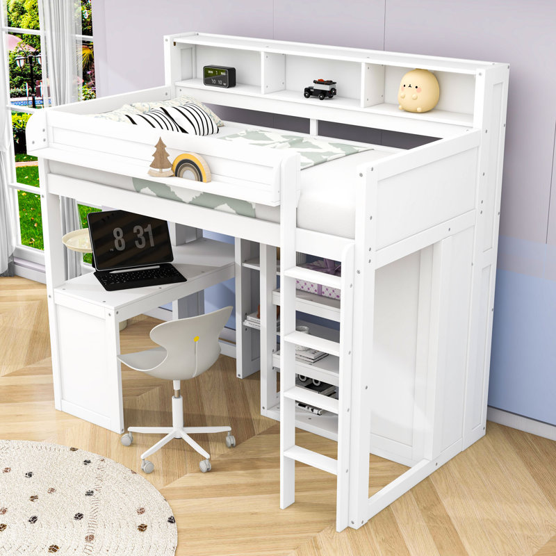 Twin Wooden Loft Bed With Desk, Wardrobe, Shelves And Ladder, White
