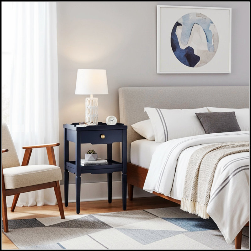 Table de chevet 1 tiroir Midnight Blue avec poignée dorée et tablette inférieure, parfaite pour un décor moderne Mid-Century.