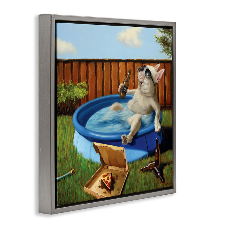 «Dog Dr potable in Summer Pool», art mural sur toile flottante par Lucia Heffernan, Cadre flottant gris lustré