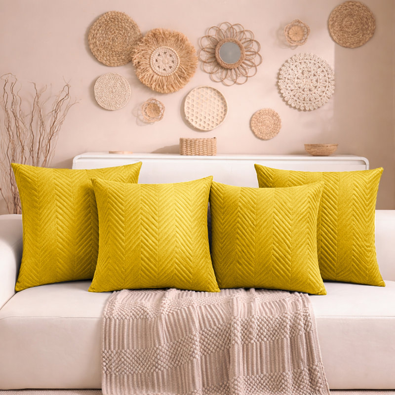 Aspire Homeware Embossed Square Velvet Cushion Cover, Pack of 4, Ochre
