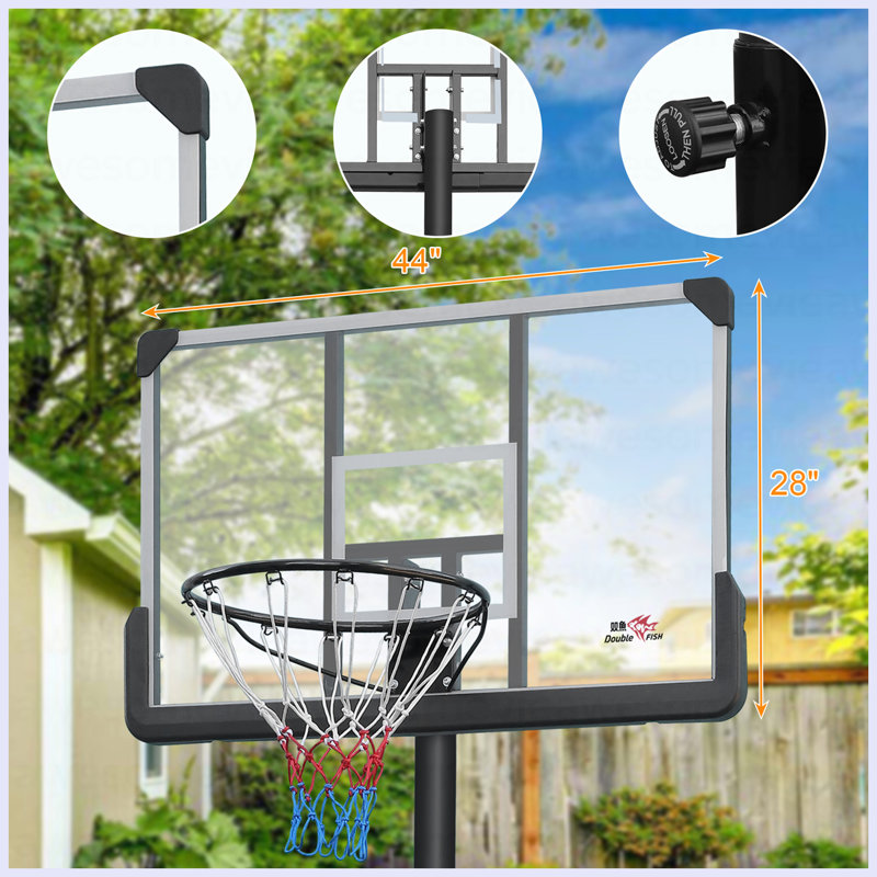 Cerceau de basketball réglable en hauteur de 6,5 pi à 10 pi - Rebond de basketball de 44 po, roues portatives et base robuste - à l'épreuve de la rouille pour les adultes et les jeunes