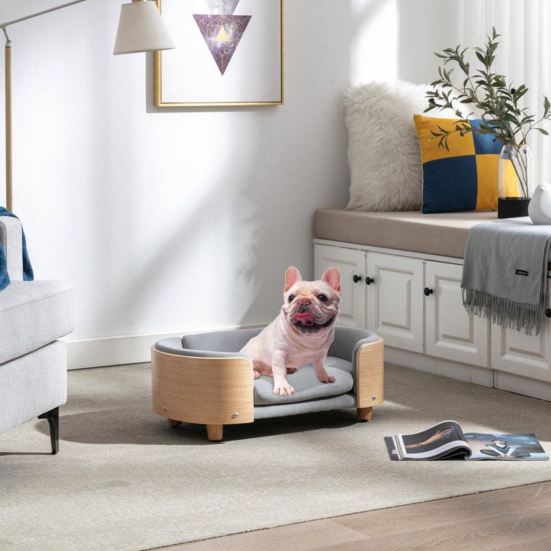 Lit surélevé de style scandinave pour petits animaux, avec structure en bois massif, dossier courbé, coussin en velours lavable, matériau respirant, mousse rebondie, - Scratch, imperméable, teint, assemblage rapide, gris