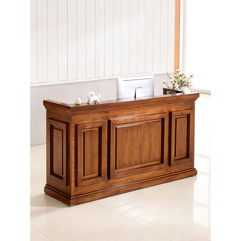 Comptoir de caisse en bois massif transitionnel rétro, table de réception robuste avec armoire fermée