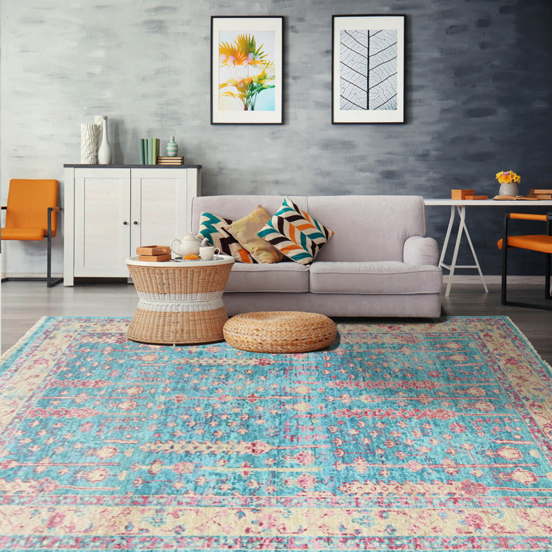 Tapis turquoise unique de 6 pi 4 po x 9 pi 5 po Mayis, Rectangle 4'6' x 6'1'