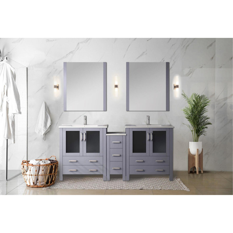 72 po Meuble-lavabo double gris foncé avec armoires latérales, robinet, 28 miroirs et une surface durable en céramique Scratch