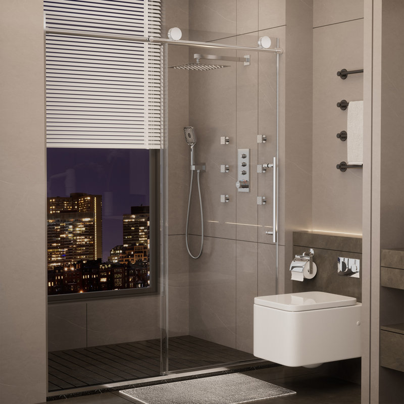 60" W x 76" H Reversible Frameless Single Sliding Bathroom Shower Door With Soft Close, Chromed