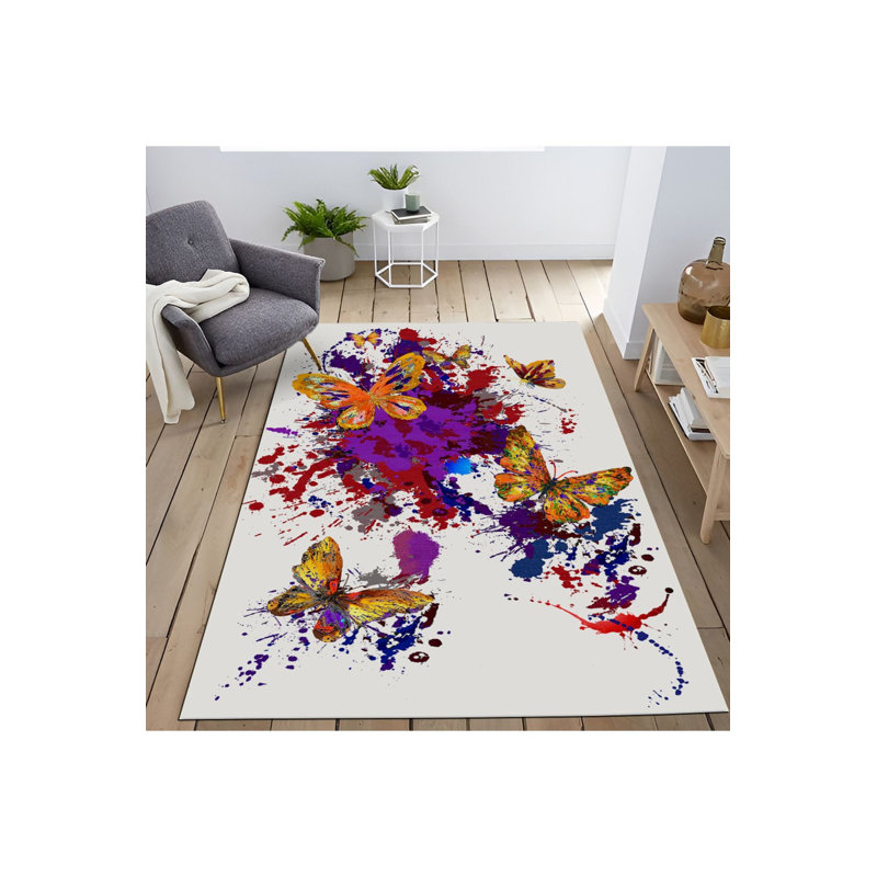 Tapis multicolore à motif de papillons et éclaboussures de peinture lavable à la machine