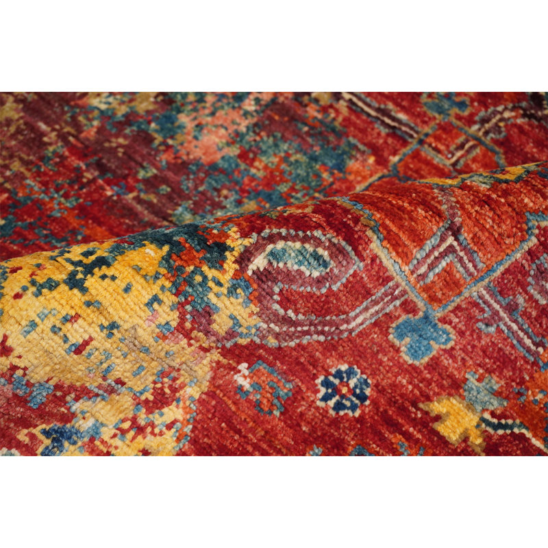 Tapis rouge / orange / gris noué à la main de haute qualité