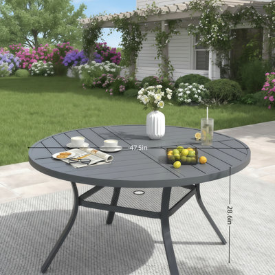 All-Weather Round Metal Outdoor Table, Gray With Umbrella Holes And Storage Shelves, Capacity For 6 People, Suitable For Lawns And Gardens.