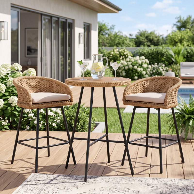 24” Patio Round Bar Table, Wicker Outdoor Bistro Table with Faux Wood Stone Top for Garden, Backyard, Balcony, and Poolside