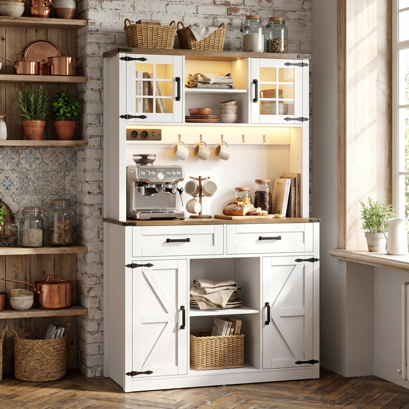 100cm W Large Freestanding Kitchen Cabinet & Coffee Bar with RGB LED & Sockets, Barn Door Pantry Cupboard with Drawers, Farmhouse Wood