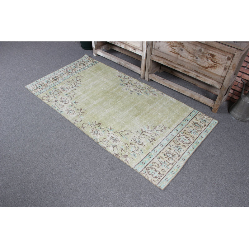 Antique Anatolian-Inspired Green Woolen Accent Rug Ideal For Bedroom Or Kitchen