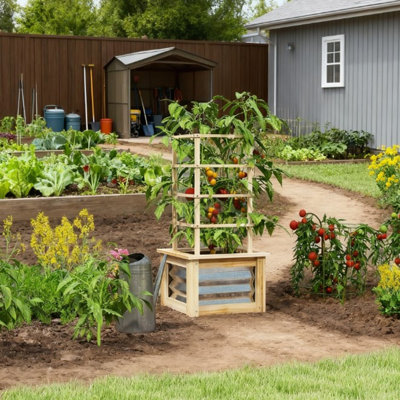 Lit de jardin surélevé polyvalent avec acier galvanisé, structure en bois et treillis réglable pour plantes grimpantes et légumes