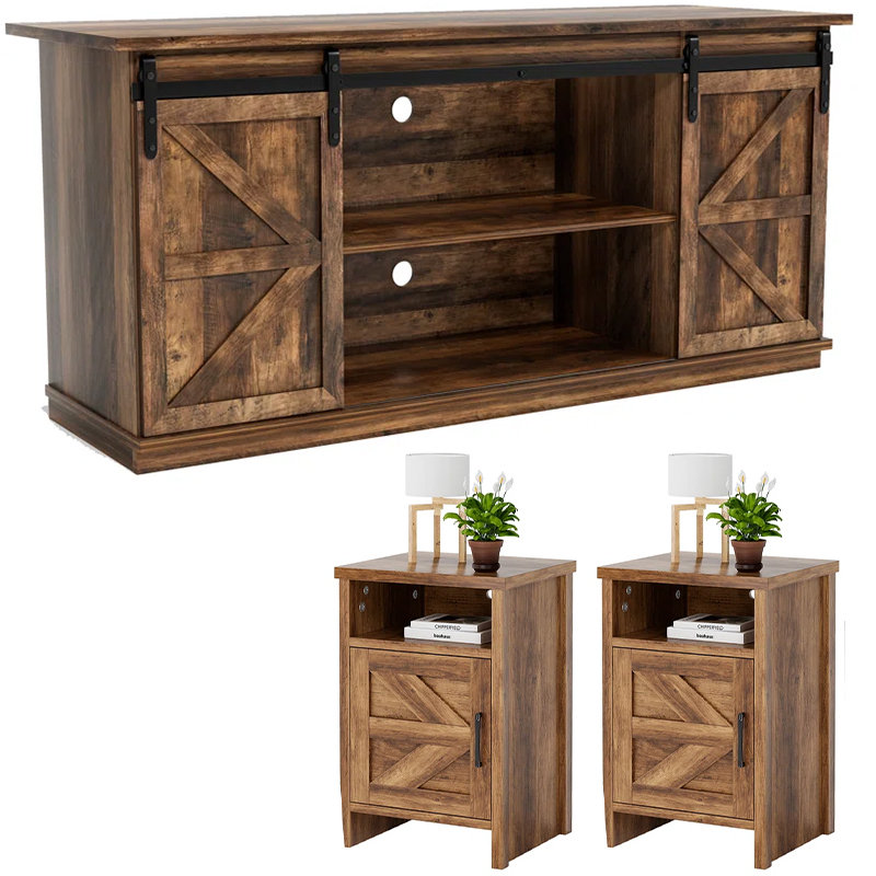 Fashion Home partenaire - console multimédia de style campagnard et table de chevet, Brun