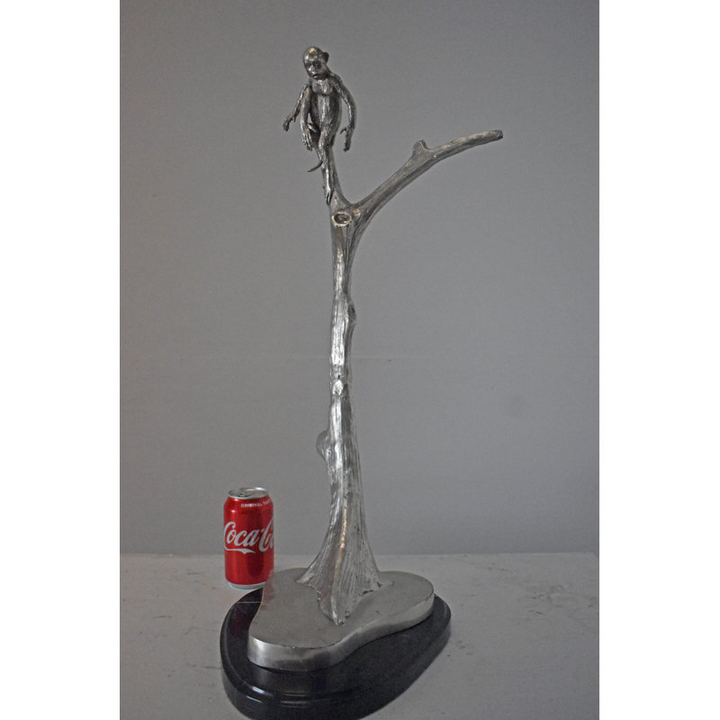 Monkey Resting On A Tree Silver Finish Bronze Statue - Size: 12" X 13" X 27"H., Black/Sliver