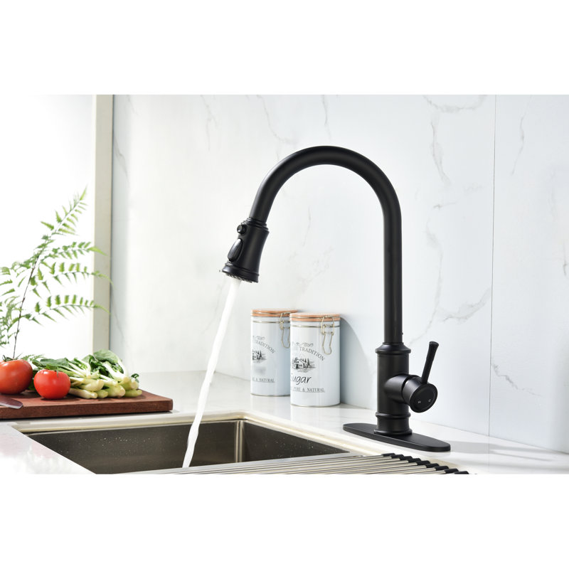 Robinet de cuisine monocommande en acier inoxydable noir mat avec tirette profilée et pratique
