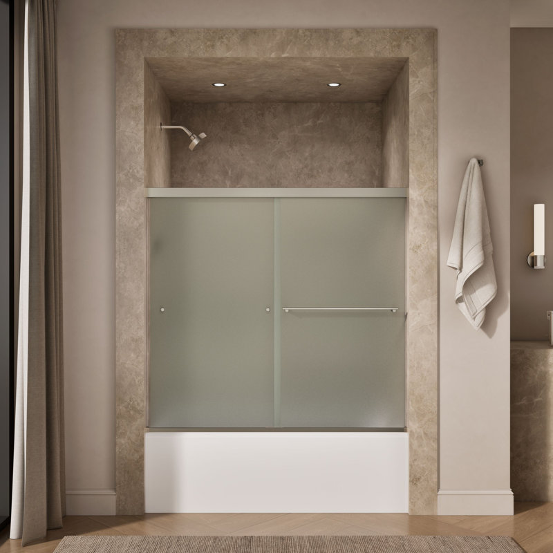 Porte de baignoire coulissante double 59,63 po x 55,5 po Revel avec technologie CleanCoat, Givré, Nickel brossé anodisé
