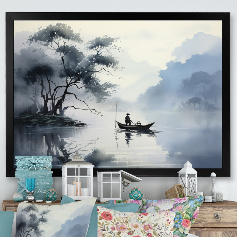Asian Art Ink Lake II - Asian Art Wall Decor, 30" H x 40" W x 1.5" D, Black Single Picture Framed