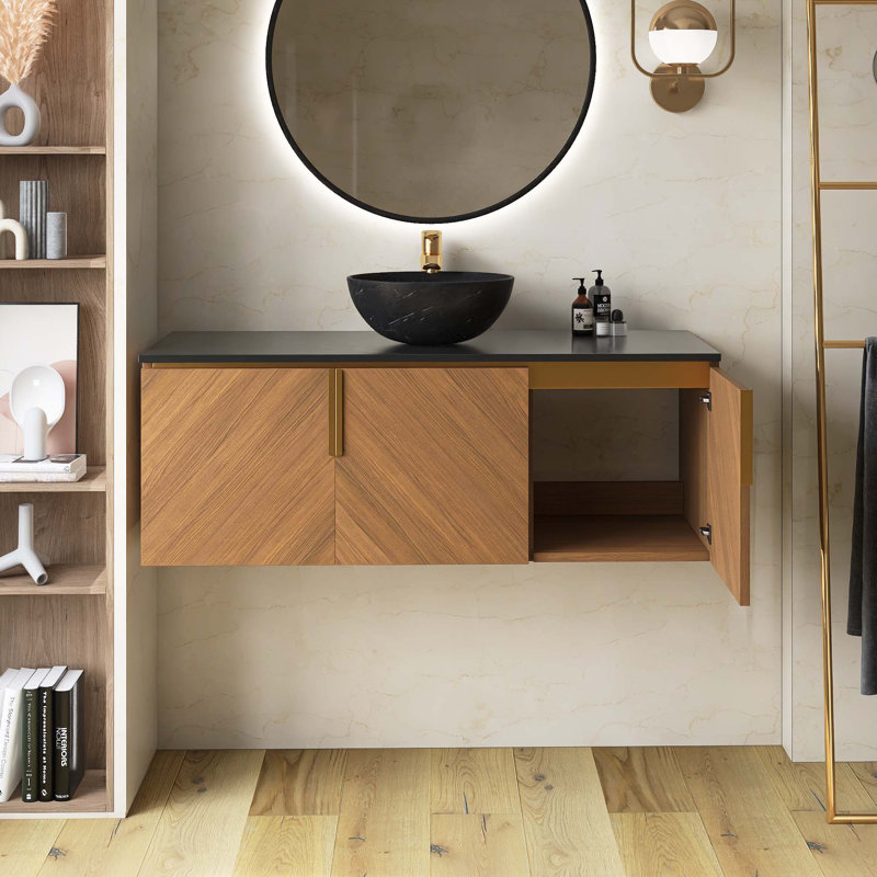 Meuble-lavabo mural en contreplaqué avec comptoir en pierre frittée noire et lavabo et portes ronds en céramique, couleur grain de bois chêne brun
