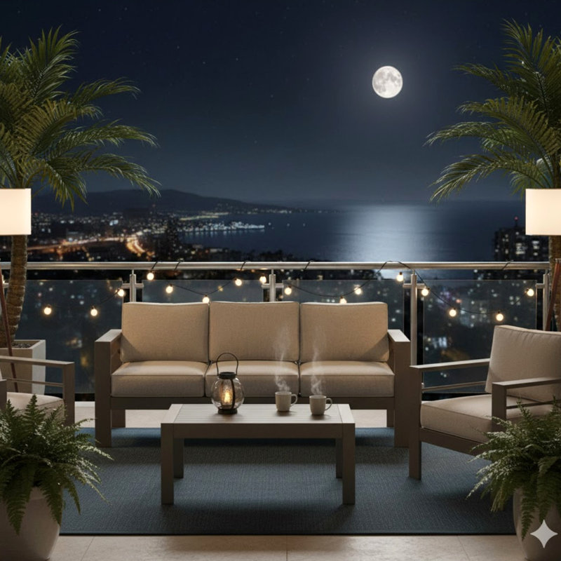 2 Pieces Outdoor Patio Set, All-Weather 75” 3-Seat Metal Patio Sofa Couch With Thick Beige Cushions, Khaki Frame And 43” Coffee Table