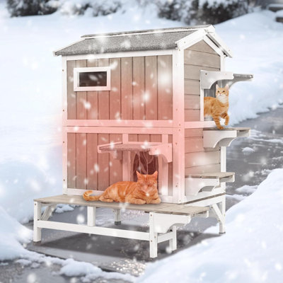 Insulated Wooden Outdoor Cat House with Escape Doors and Sun Balcony