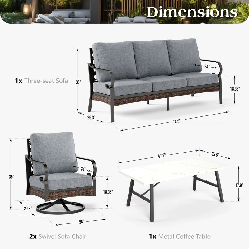 5 Person Outdoor Conversation Set With Swivel Lounge Chairs, Gray
