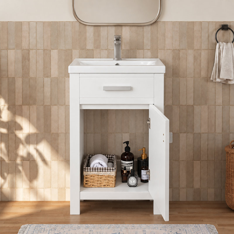 20''Mini Modern Freestanding Single Bathroom Vanity with Ceramic Top For Small Space, White