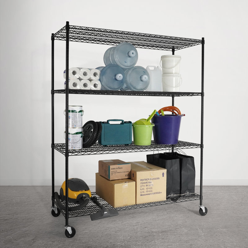 Étagère grillagée robuste à 4 niveaux de qualité commerciale avec roues et pieds de nivellement, H 76 po x l 60 po x P 24 po