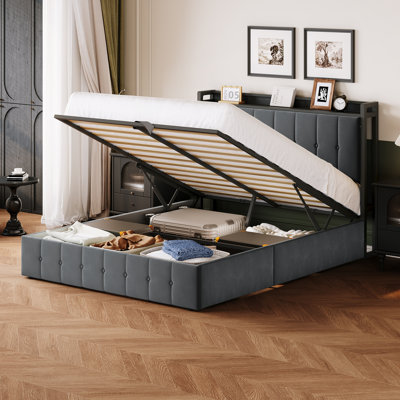 Structure de lit avec rangement relevable, lit plateforme tapissier en velours avec tête de lit, aucun sommier nécessaire