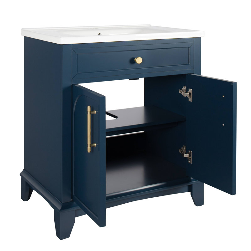 Meuble-lavabo moderne 27,8 po avec surface peinte, meuble-lavabo autoportant Mid-Century avec rangement, meuble-lavabo haut de gamme avec tiroirs et poignées en métal