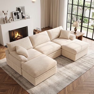 Canapé modulaire en U en forme de nuage, canapé d'angle rembourré en velours côtelé avec rangement caché et 2 repose-pieds, canapé à assise profonde minimaliste moderne pour le salon, assemblage facile sans outil