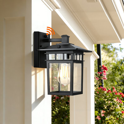 Outdoor Wall Light Pavilion Square Clear Glass Shade with Dusk to Dawn Sensor Black
