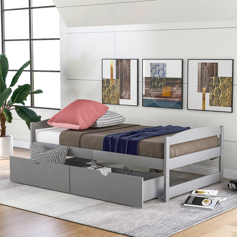 Lit plateforme simple avec deux tiroirs, Gris