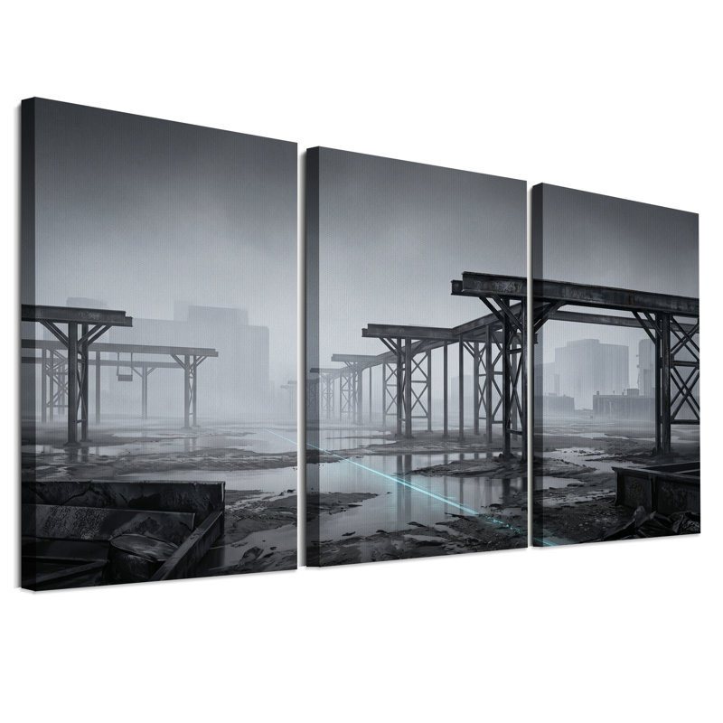 Structures d'acier brumeuses avec ligne laser cyan - Ensemble de 3 toiles murales, 30"H x 20"W x 3pcs